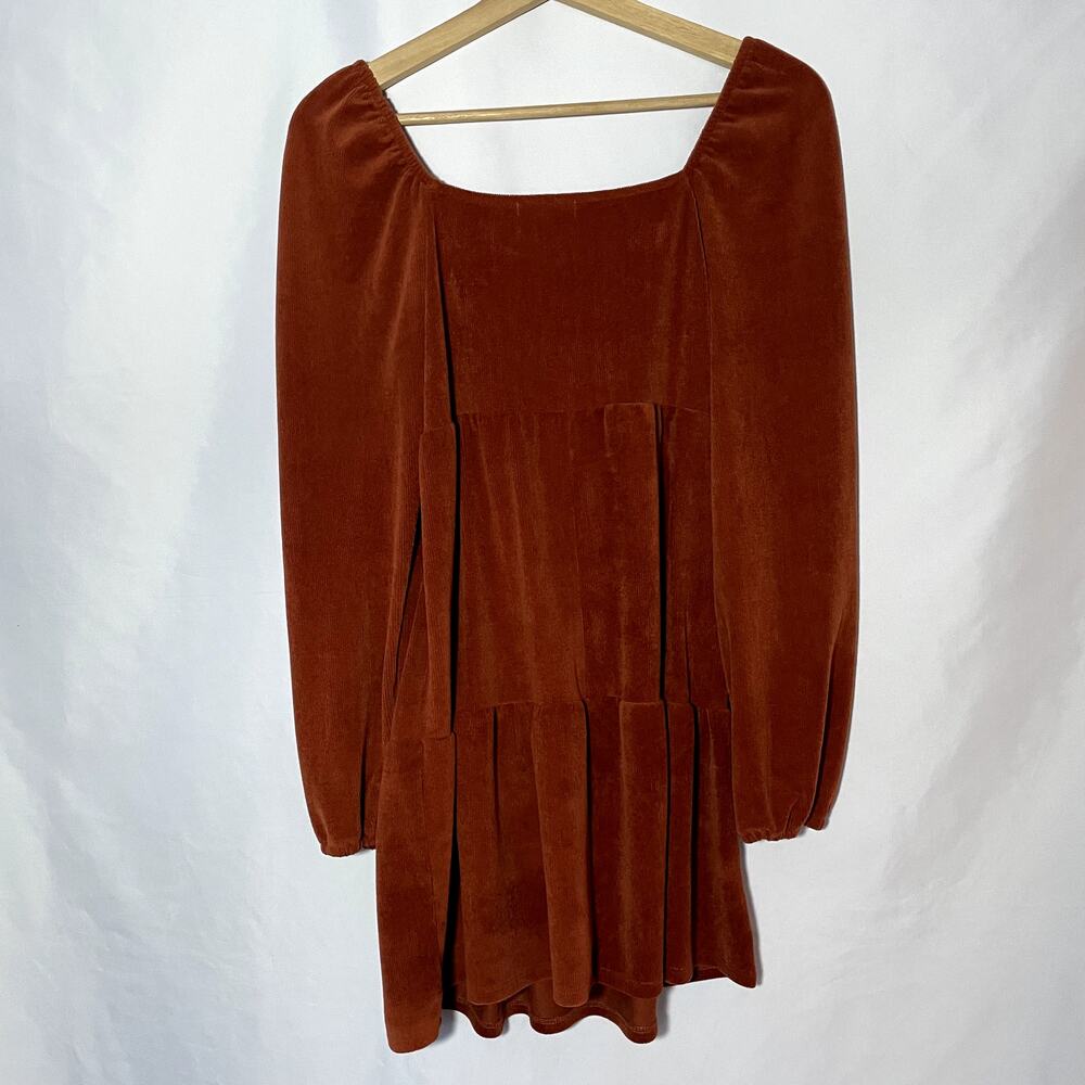 Moa Moa S deep orange corduroy minidress tiered skirt square neck long sleeves - Picture 7 of 7